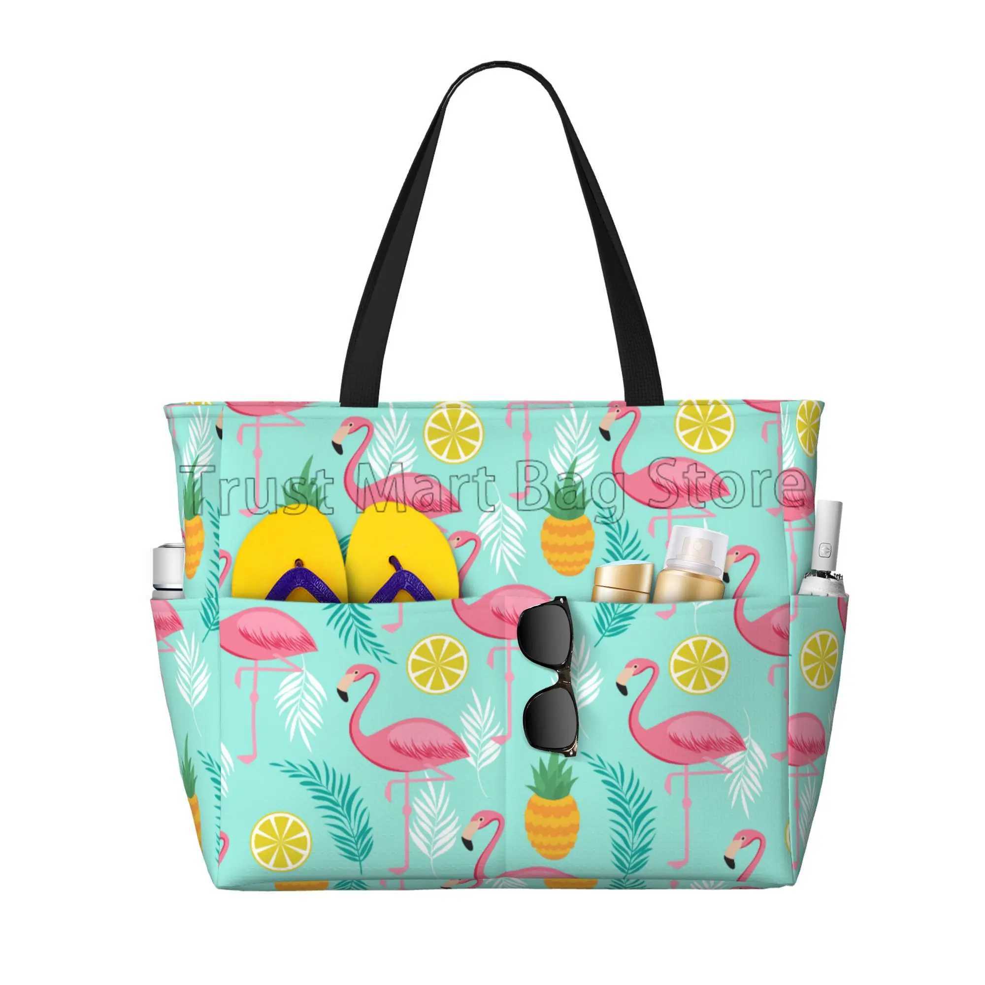 Pink Flamingo Print Large Beach Tote Bag Women Portable Travel Bag Waterproof Sandproof Pool Bag for Swim Gym Grocery Vacation Z250219