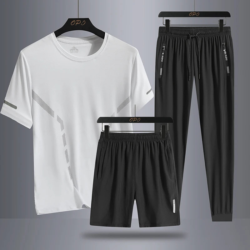 Mens Summer Simple Ice Silk Trendy Personalized Three piece Set with Round Neck Tshirt Shorts Pants Loose Sports 250220