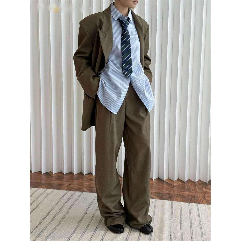 Hanorange 2025 Spring Quiet High Intelligence Silhouette Trousers Women Wing Stylish Wide Leg Pants Mixed Gray/Dark Tea Brown