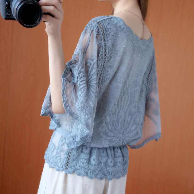 Fashion Autumn Chiffon Blouse Cotton Edge Lace Blouses Butterfly Wer Shirt Women Tops Blusas New 4073