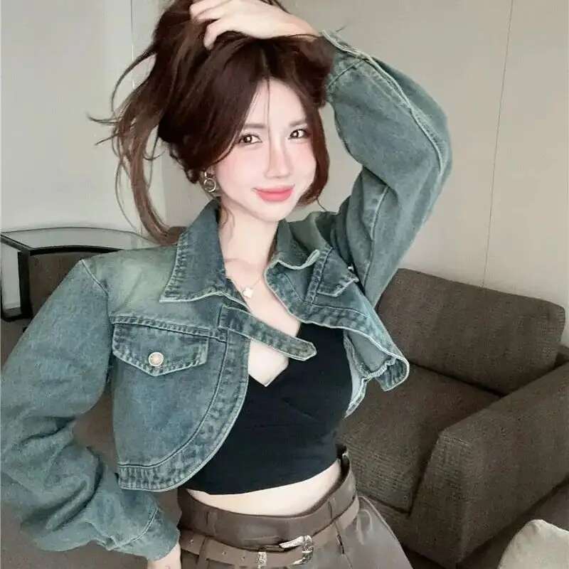 Denim Retro American Slim Fit Women Round Neck Top Sweet Korean Jacket Early Autumn Hot Style