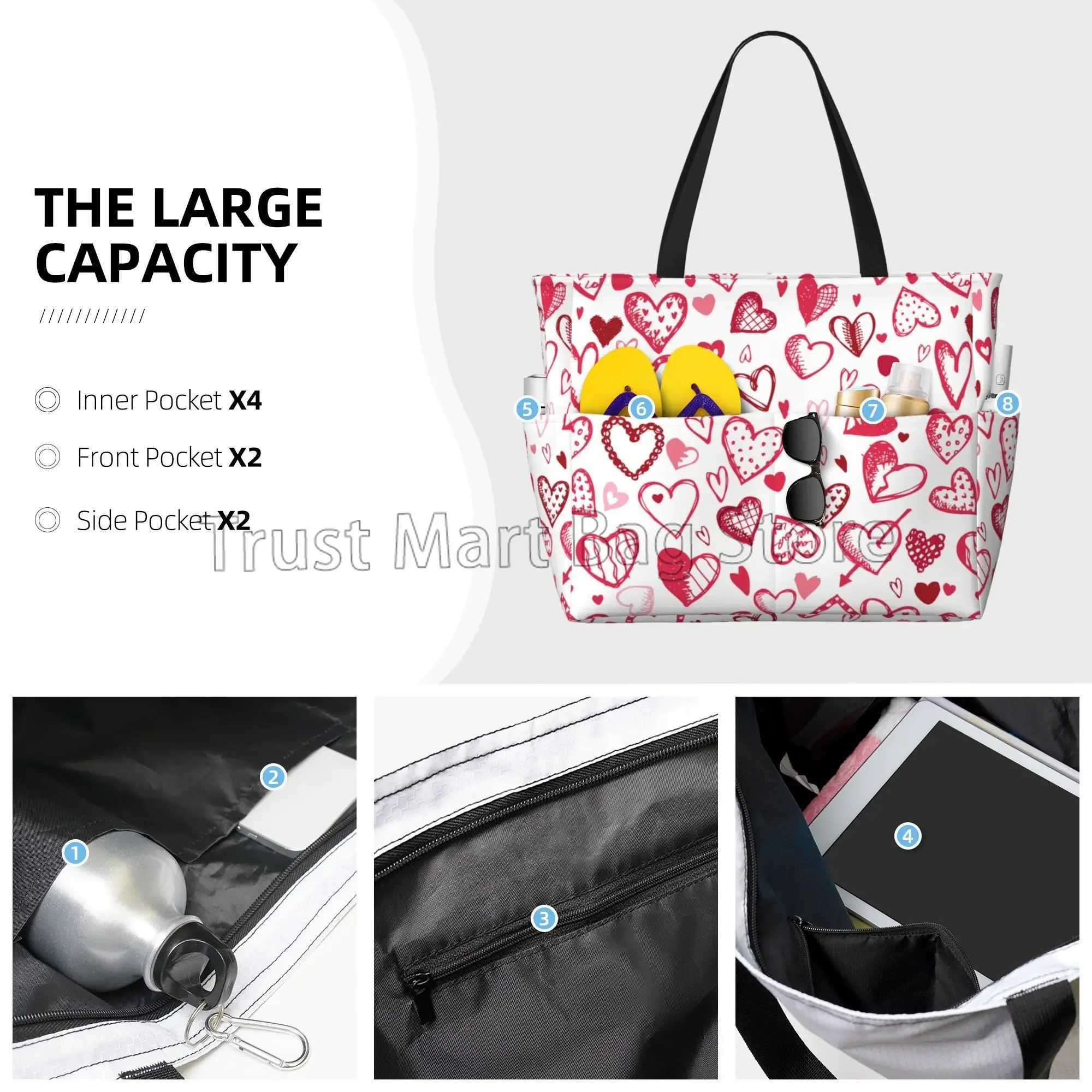 Large waterproof beach bag pink heart-shaped cute beach handbag with zipper suitable for womens travel vacation swimming Z250219