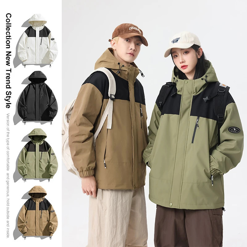 Spring Autumn Casual Jacket Men Women Hiking Outdoor Windproof Coats Hooded Jackets Color Matching Zipper Couple Top 250210