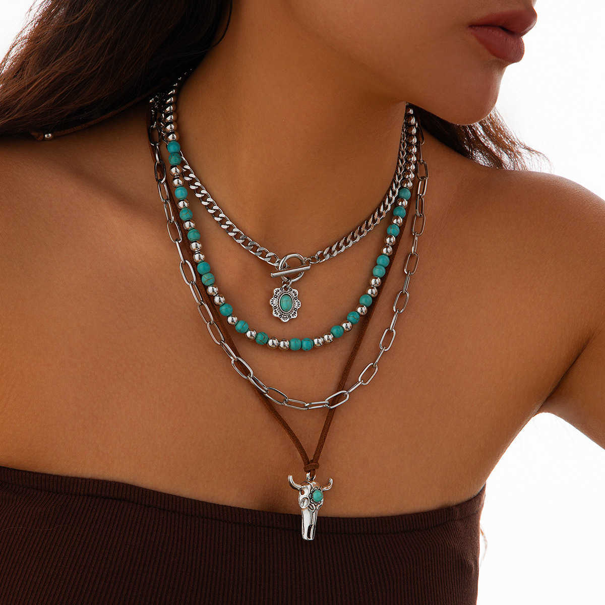 Pendant Necklaces Punk cowboy style cactus bull head collarbone chain Bohemian turquoise bead cross necklace H25219