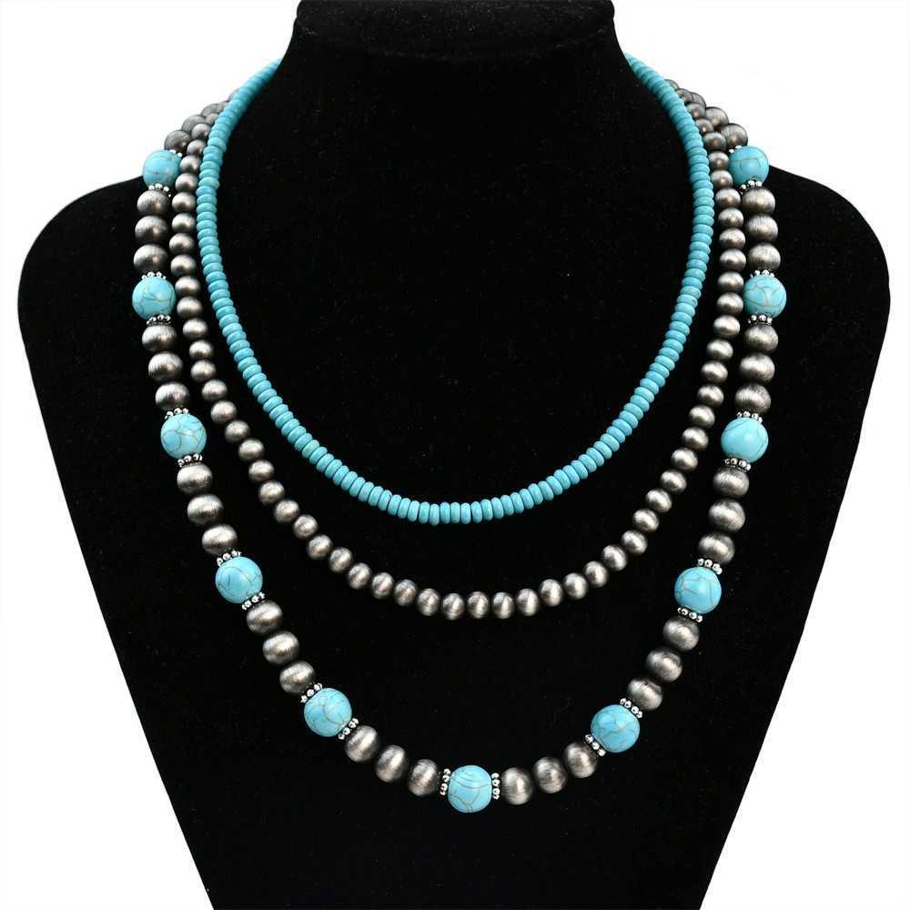 Pendant Necklaces Ethnic style Navajo jewelry turquoise bead necklace for women versatile and layered necklace accessory set H25219 2 UDFK