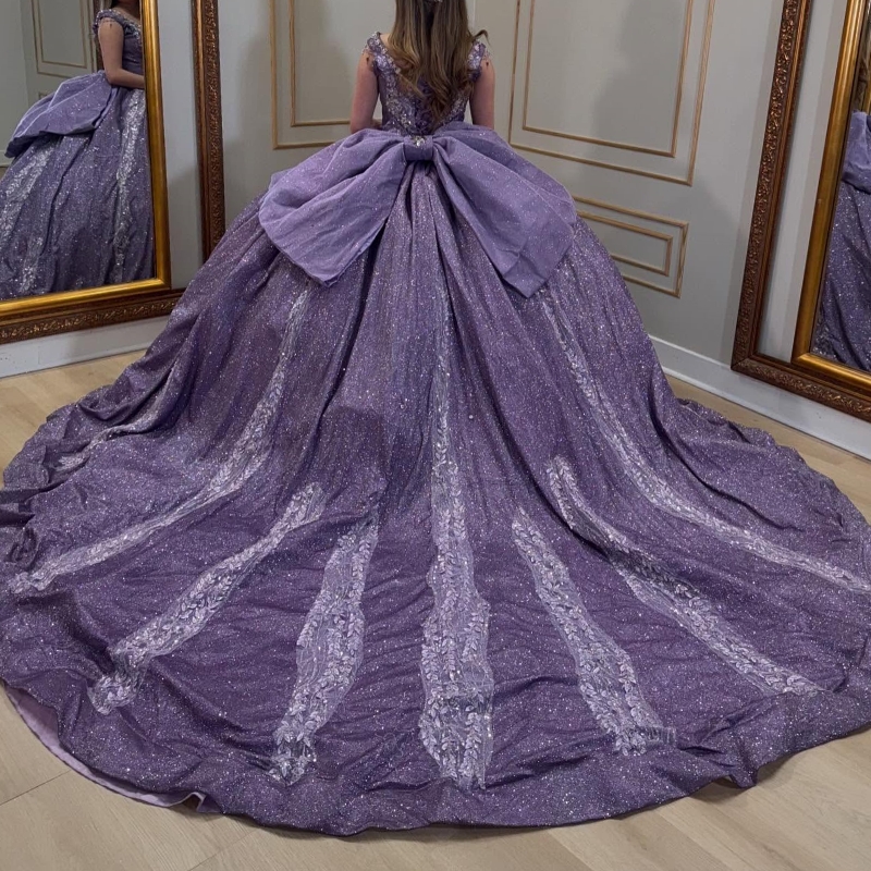 Lilac Shiny Quinceanera Dresses Ball Gown Off Shoulder Appliques Lace Beading Crystal Tull Sweet 16 Dress Vestidos 15 de anos