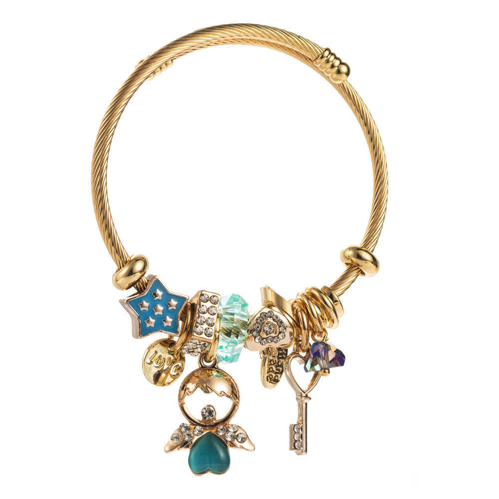 Charm Bracelets New Pan Jia Duo La Beaded Stainless Steel Bracelet for Womens Little Angel Key with Diamond Pendant Adjustable Best Friend Bracelet H2