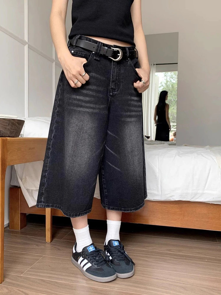 High Waist Black Retro Washed Denim Shorts Womens Harajuku Vintage Fashion Casual Loose Y2K Streetwear Mid Long Wide Leg Pants 250219
