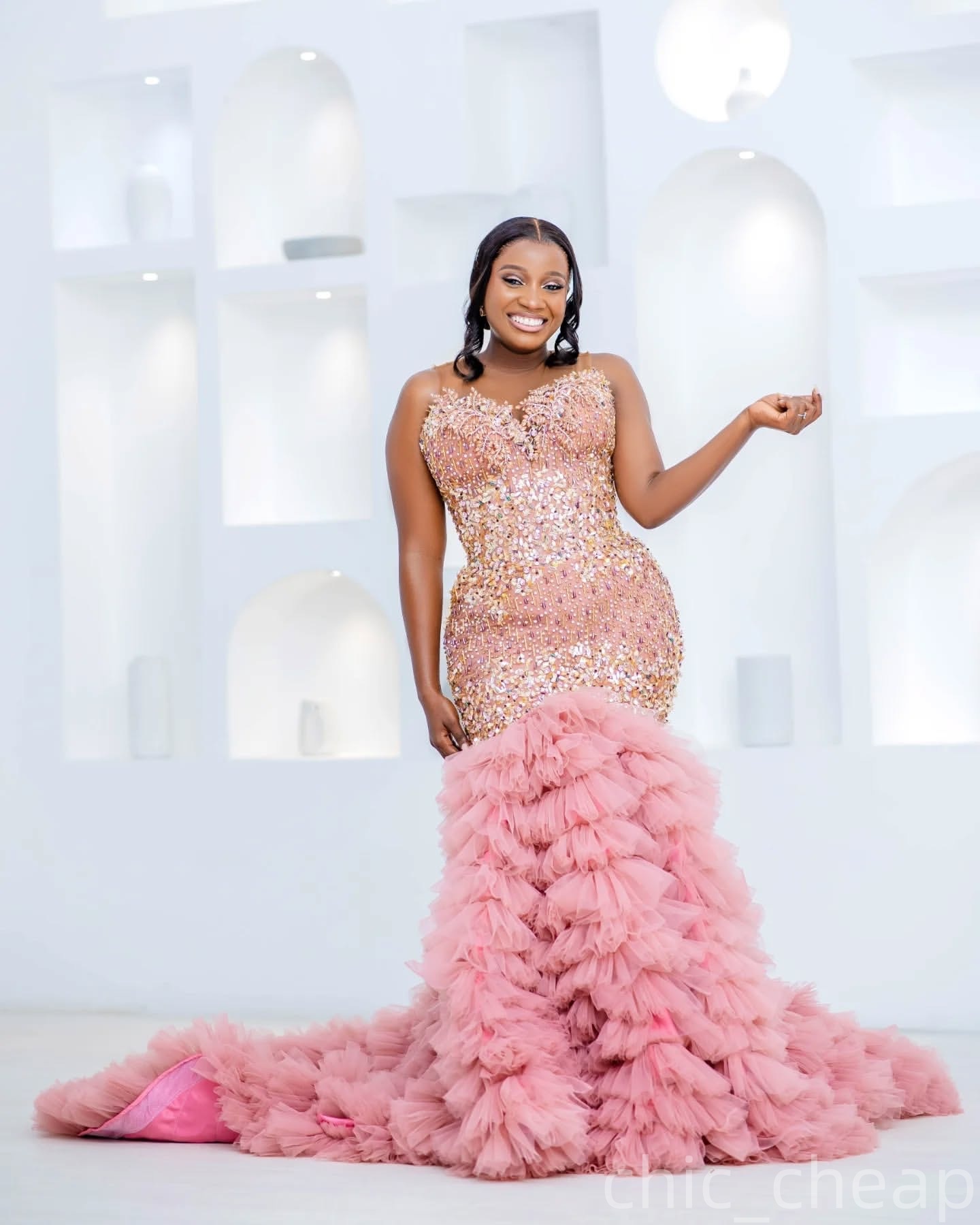 Blush Pink Mermaid Prom Dresses 2025 Beaded Crystals Sequined Tiers Evening Formal Party Second Birthday Engagement Gowns Plus Size Dress For Special 