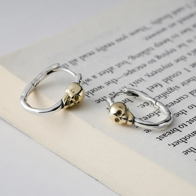 Silvology Real 925 sterling silver gothic punk rock skull ring earrings retro womens two tone earrings fashion jewelry 250219