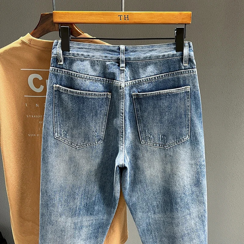 Mens Ripped Jeans Personality Fashion Tapered Hole Frayed Denim Trousers Streetwear Casual Vintage Blue Pants Male Clothes 250219