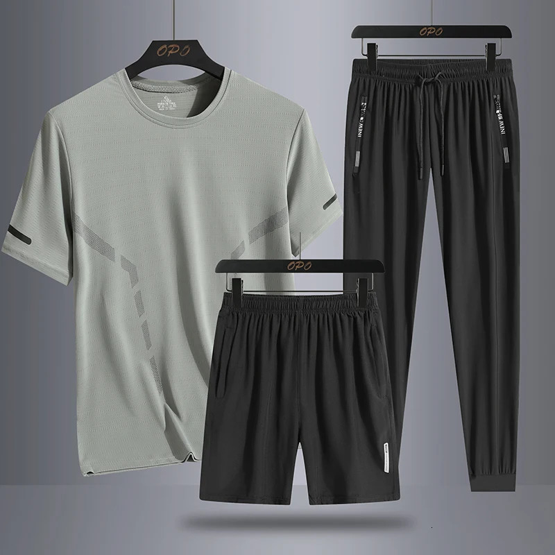 Mens Summer Simple Ice Silk Trendy Personalized Three piece Set with Round Neck Tshirt Shorts Pants Loose Sports 250220