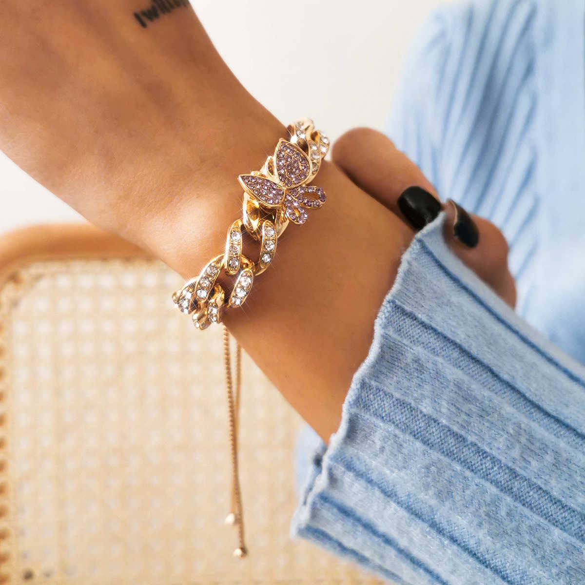 Charm Bracelets Simple accessories punk micro inlaid color butterfly hand decoration temperament versatile Cuba chain full diamond bracelet H25220