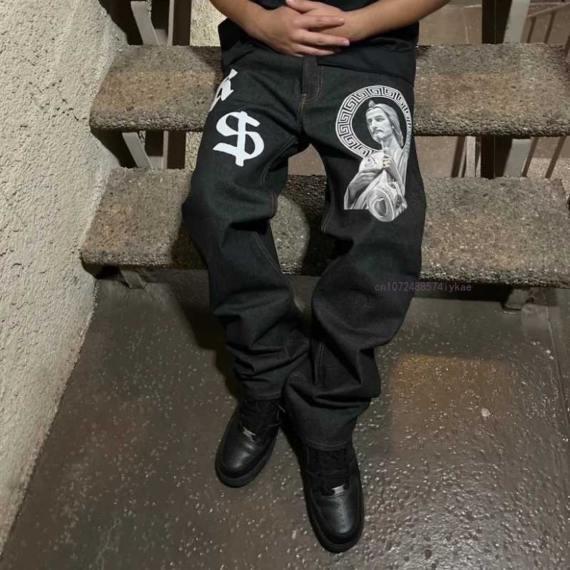 Black Straight Jeans Men Women Ins New Net Red Design Personality Printing Wide Leg Pants Winter Loose High Street Casual Jeans X2502201