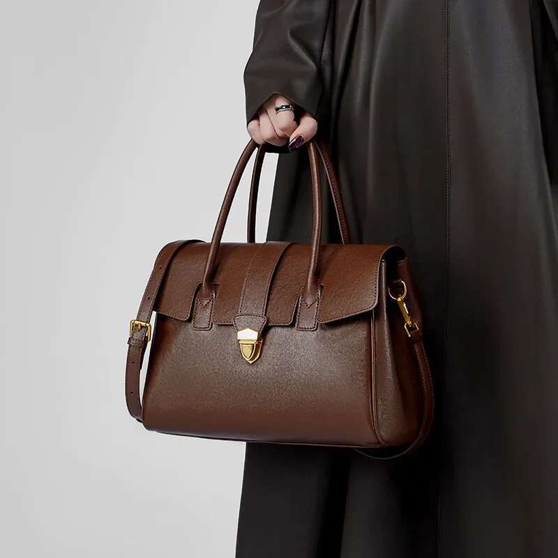 Hot Sale Vintage Vegetable Tanned Cowhide Leather Handbag Business Travel Cover Tote Women Briefcase Large Shoulder Bag