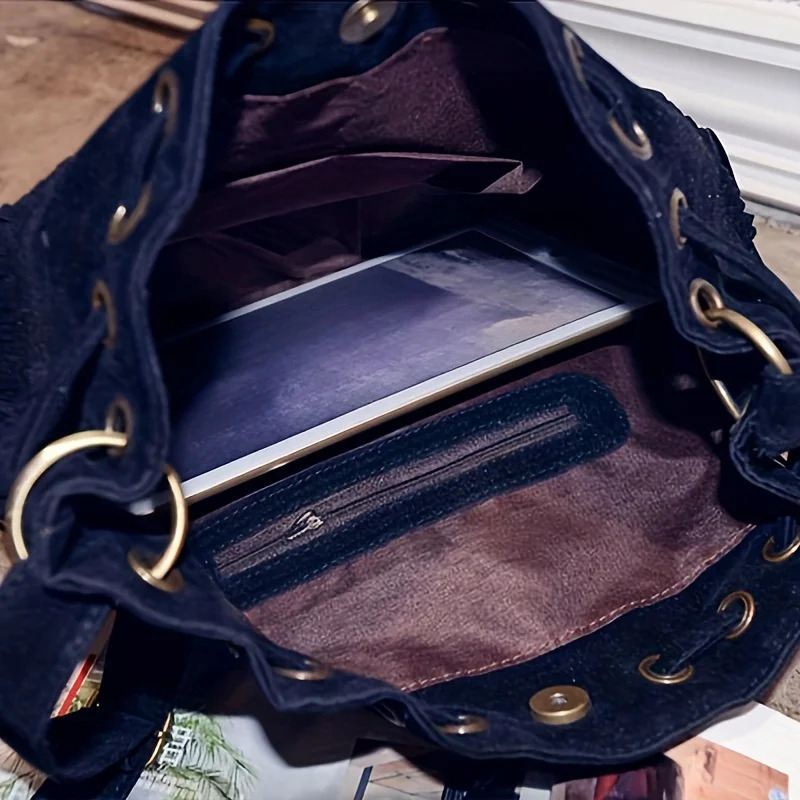 Fashionable soft velvet frosted tassel womens bag with drawstring single shoulder strap bag 250214