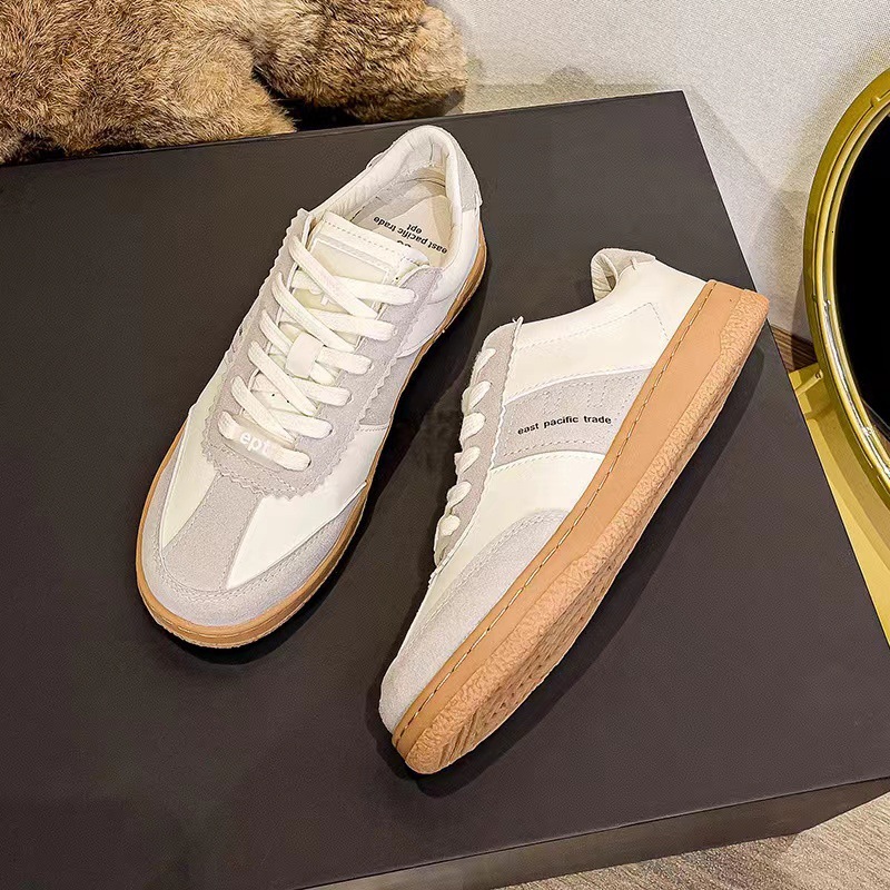EPT Korean Blogger's Same Cowhide Designer Board Shoes, Fashionable Sports And Leisure Board Shoes, Round Toe Lace Up Women's Niche White Sh