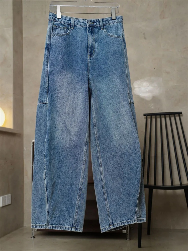 2024 Spring Curved High Waist Wide Leg Jeans Women Loose Casual Denim Pants Blue