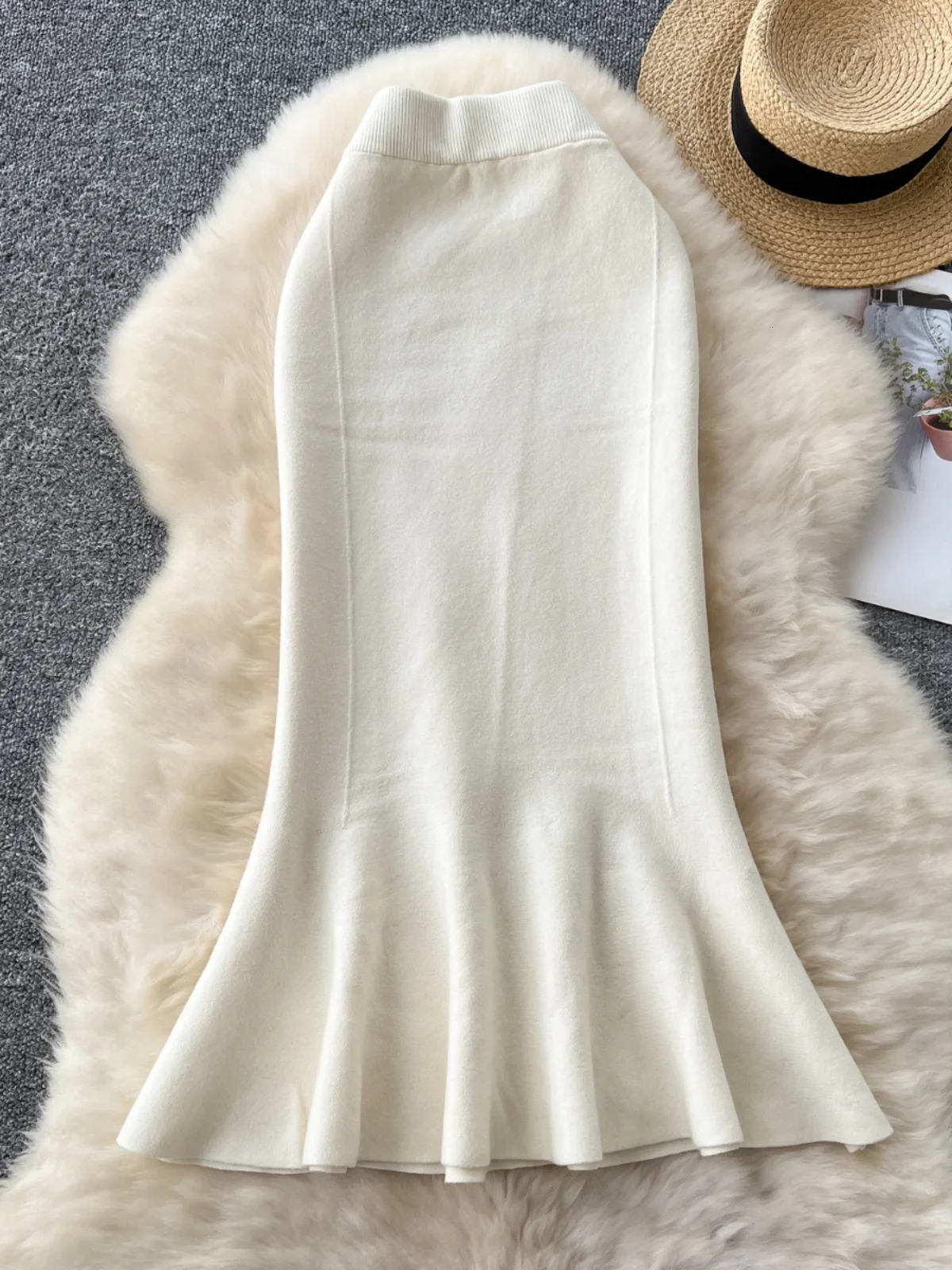 High Waisted Vintage Knitted Skirt Women Ruffled Slit Fishtail Office Midi Skirts Autumn Winter Woolen 250220