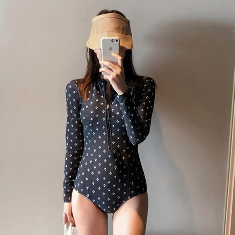 Print Floral One Piece Swimsuit Women Swimwear Monokini Long Sleeve Printed Female Bathing Suit Surfing Bodysuit Swim Wear Beach 250220