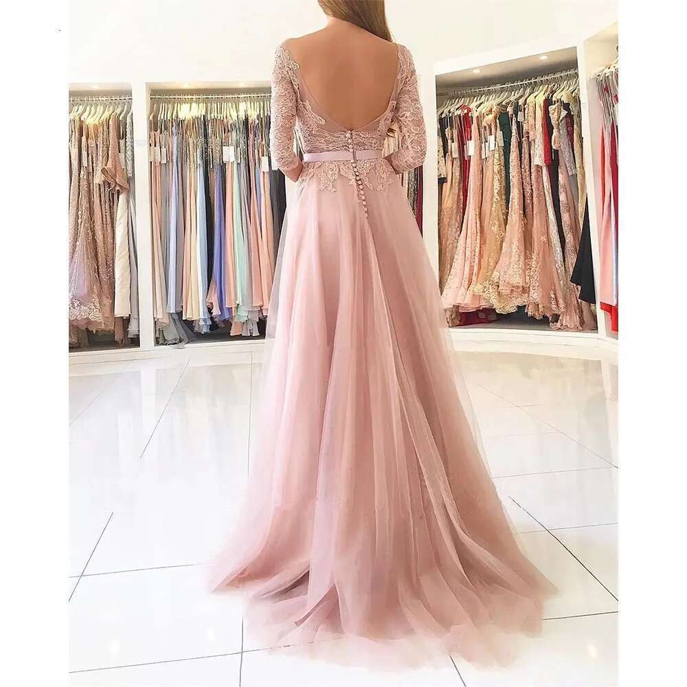 Elegant Pink O-Neck Evening Dresses Half Sleeve Side Split Lace Gowns Formal Ocn Chapel Train Long Dress Vestidos