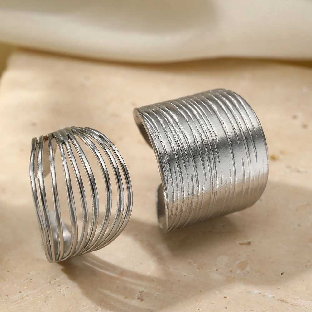 Stainless Steel Rings Minimalist Hollow Line Texture Adjustable Opening Ring For Wen Jewelry Non-fading High-quality Gifts New X250220