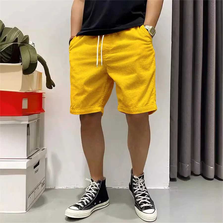 New 2025 Men Casual Corduroy Shorts Yellow Beach Short Pants Plus Size Male Drawstring Cargo Half Pants Retro Mens Clothing X250220