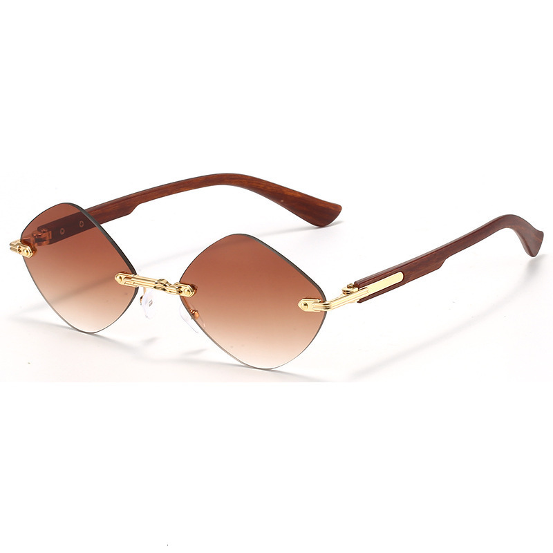 2025 Fashion Diamond-shaped Rimless Rimmed Sunglasses For Men And Women With Wood Grain Sunglasses
