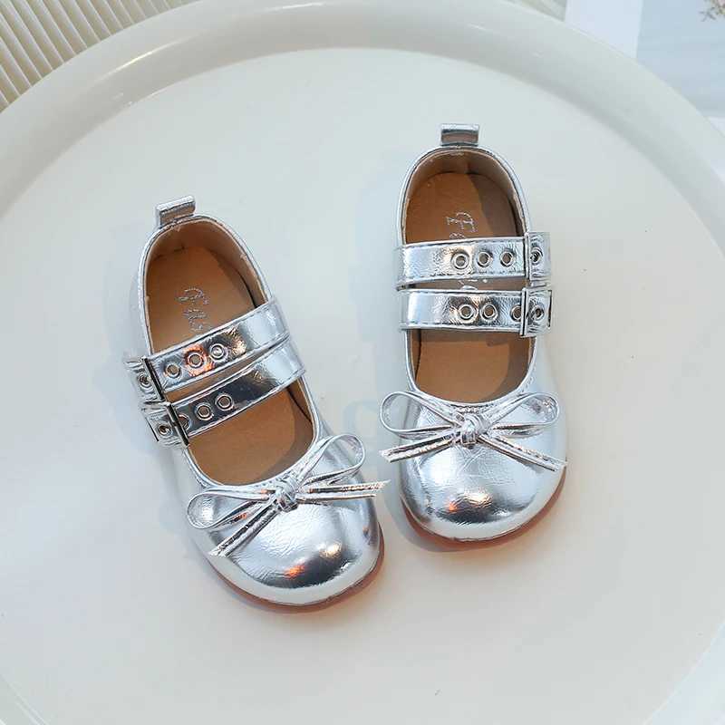 Girls Mary Jens Silver Light Bow Round Toe Childrens Princess Shoes Fashion Full Match Daily Spring Childrens Flat Shoes 24-35 X250220