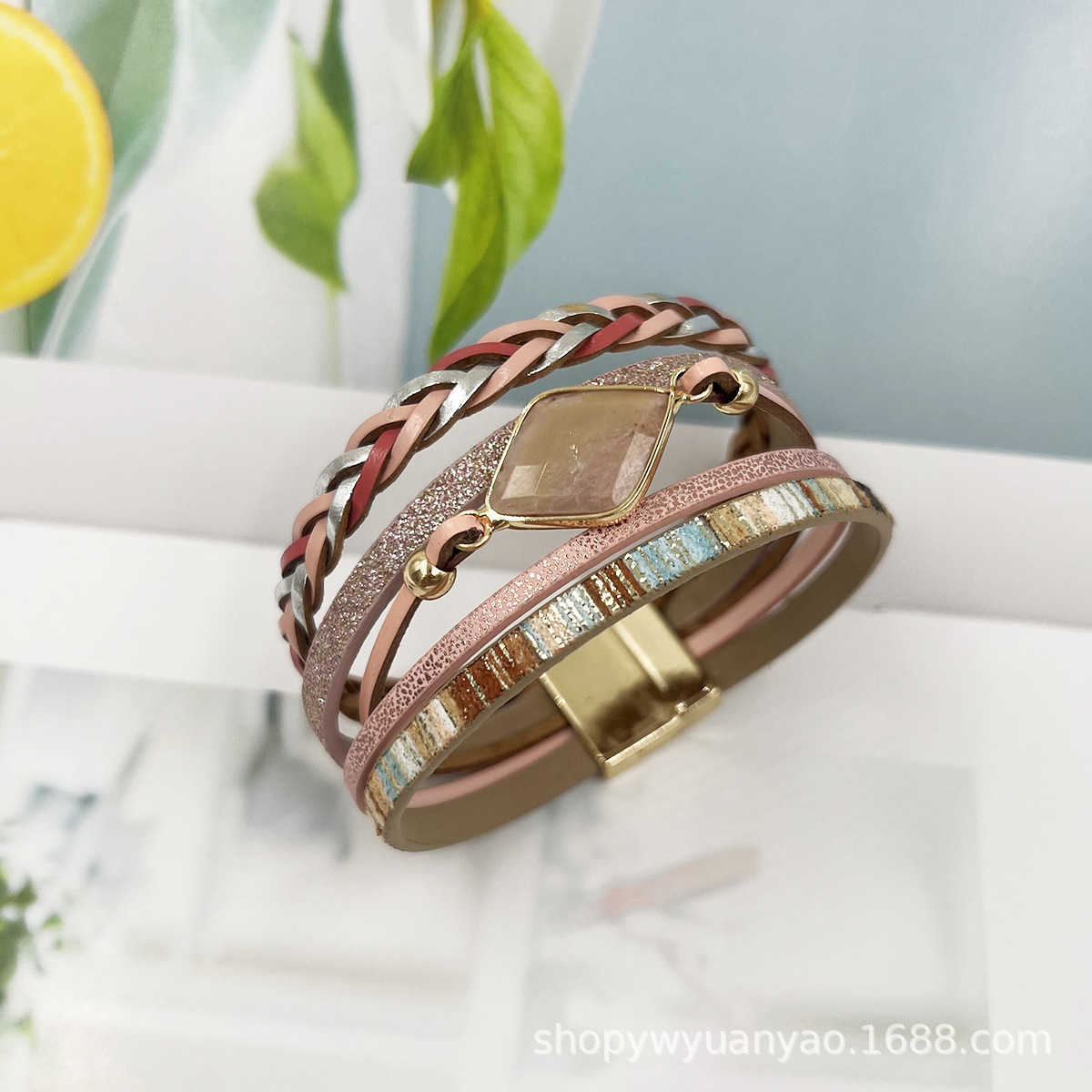 Charm Bracelets Multi layer PU leather natural stone magnetic buckle bracelet Bohemian ethnic style green pine multi row metal bracelet H25220
