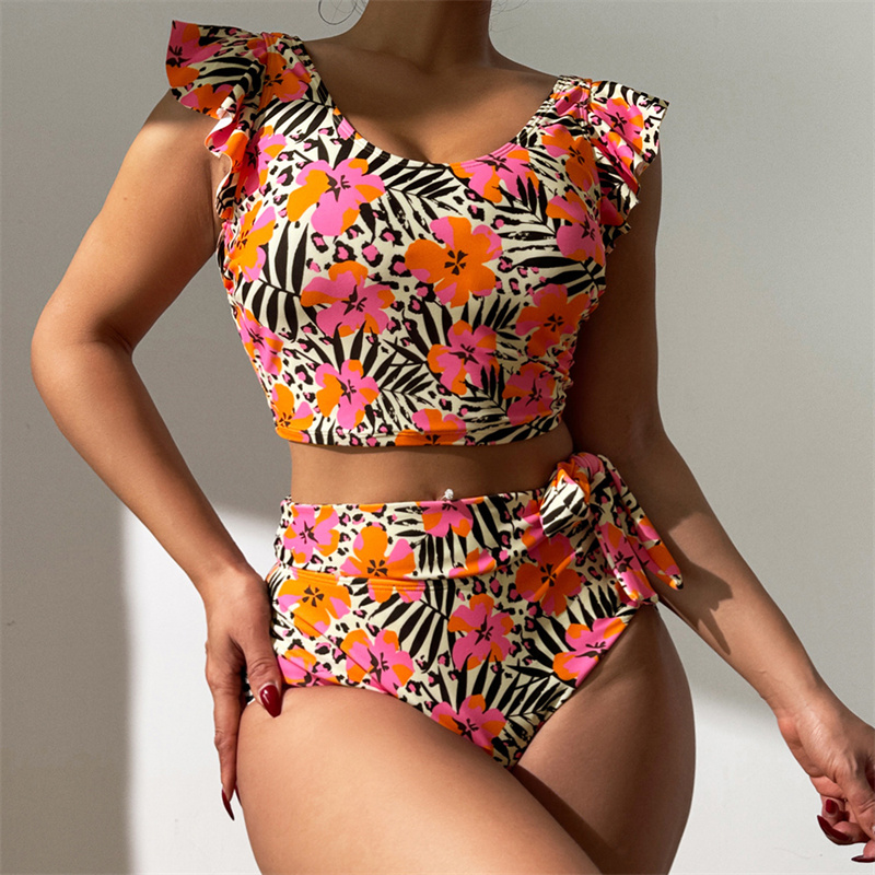 Women Ruffle High Waisted Swimsuit Two Piece Tropical Print Swimsuit Push Up Bathing Suit