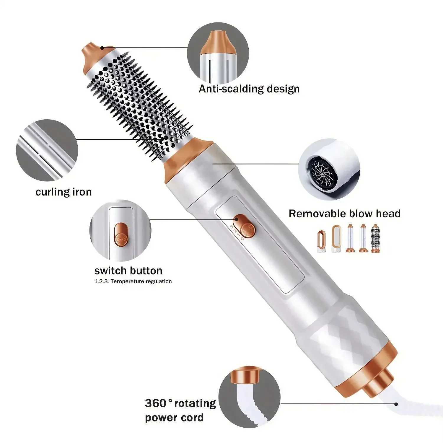 5 in Hair Dryer Brush Detachable Blow Dryer Electric Thermal Brush Air Curler Wand Comb Ionic Hot Air Brush Hair Styling Tool W250220