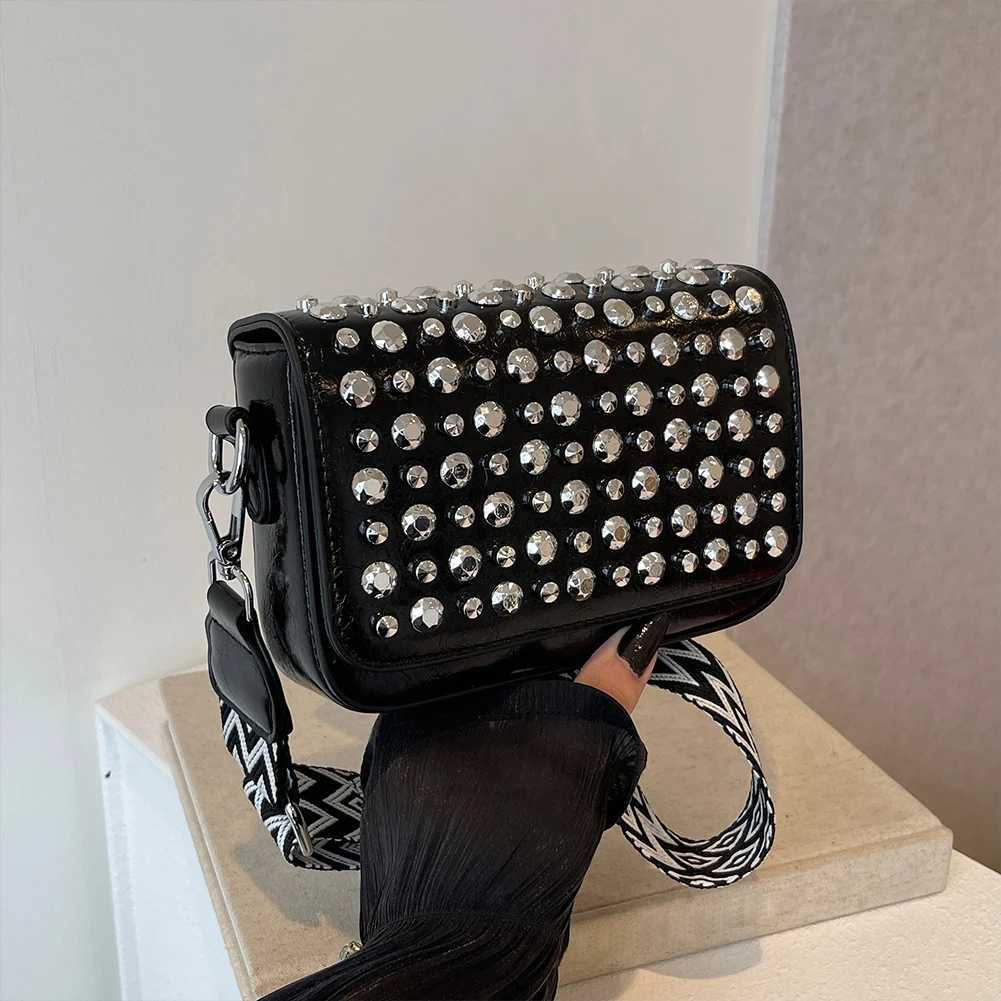 Crossbody Bag for Women With Adjustable Guitar Strap Shoulder Bag PU Leather Flap Handbag Studded for Work Travel Y250218