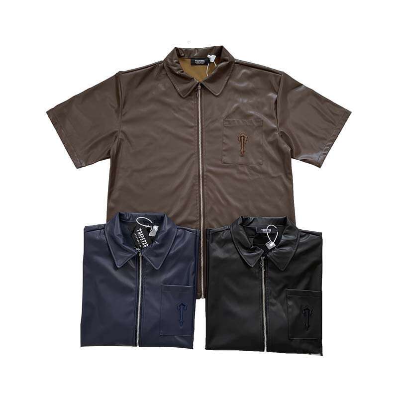 New Tra Zipper Men's Casual Collar Leather Shirt for Summer