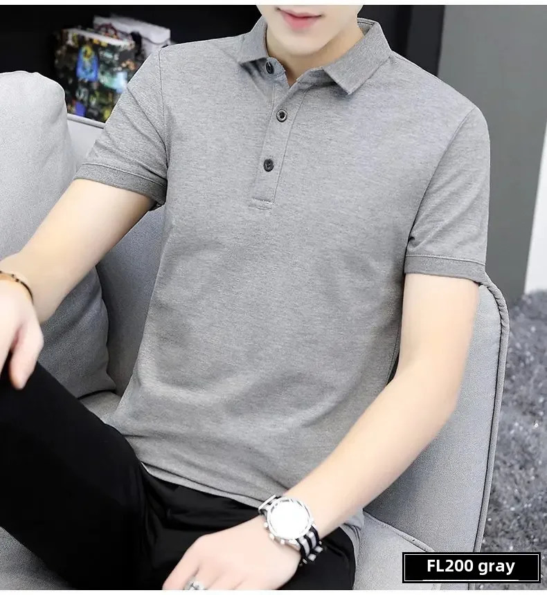 Hong Kong trend mens summer polo shirt short sleeved business casual lapel top gray white 250220