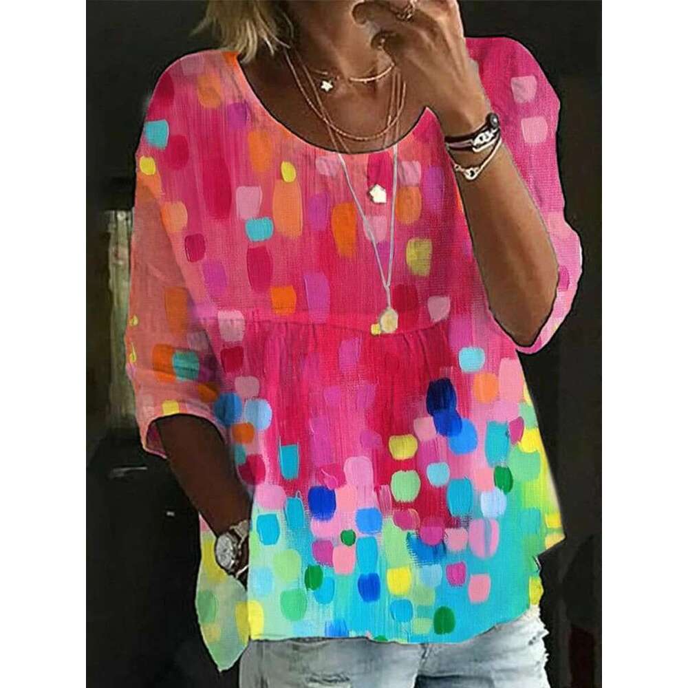 Fashion Loose Elegant Round-Neck Printed Casual Woman Shirt Holiday Weekend Top
