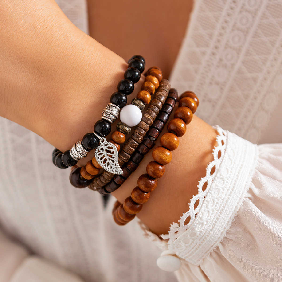 Charm Bracelets Irregular wooden bead bracelet geometric acrylic Brelet set for accessories H25220