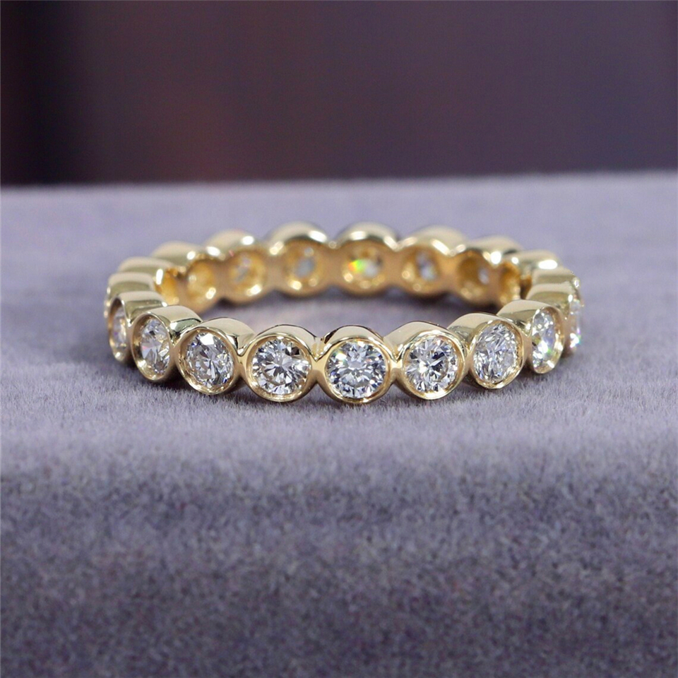 JY Jewelry 14K Rose Sollid Gold Round 2.0mm Bezel Set Lab Diamond Full Eternity Band Ring 18K Solid Gold Stackable Wedding Ring For Women Gift