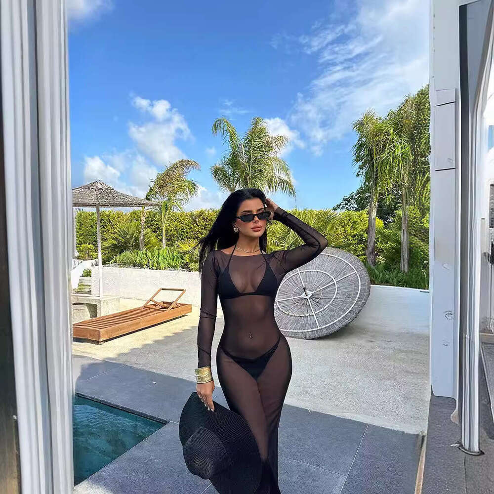 European and American style summer sexy women's spicy girl slim fit mesh see through one shoulder long sleeved dress 2025 new casual versatile fa