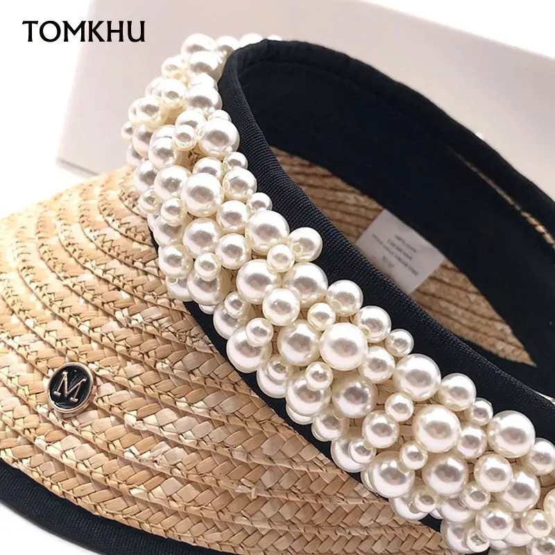 100% Handmade Customize Pearl Empty Top Visor Women Spring Summer Straw Sun Hats Beach Caps for Female High Quality 250219