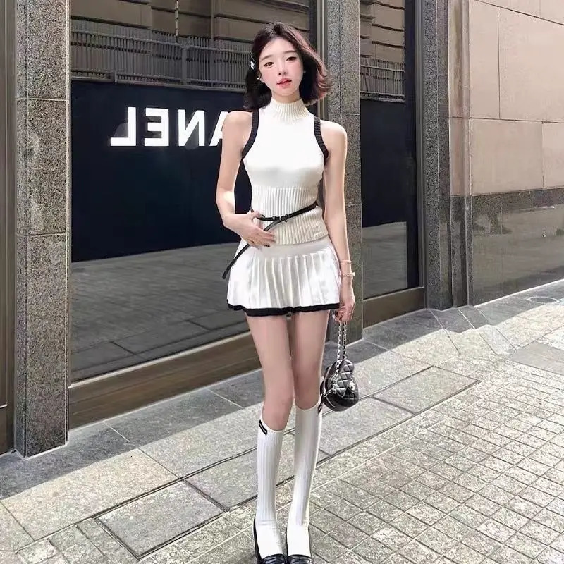Two Piece Set For Women Summer Korean Slim Round Neck Short Sleeveless Knitted Vest Short High-Waist Pleated Skirt 250220