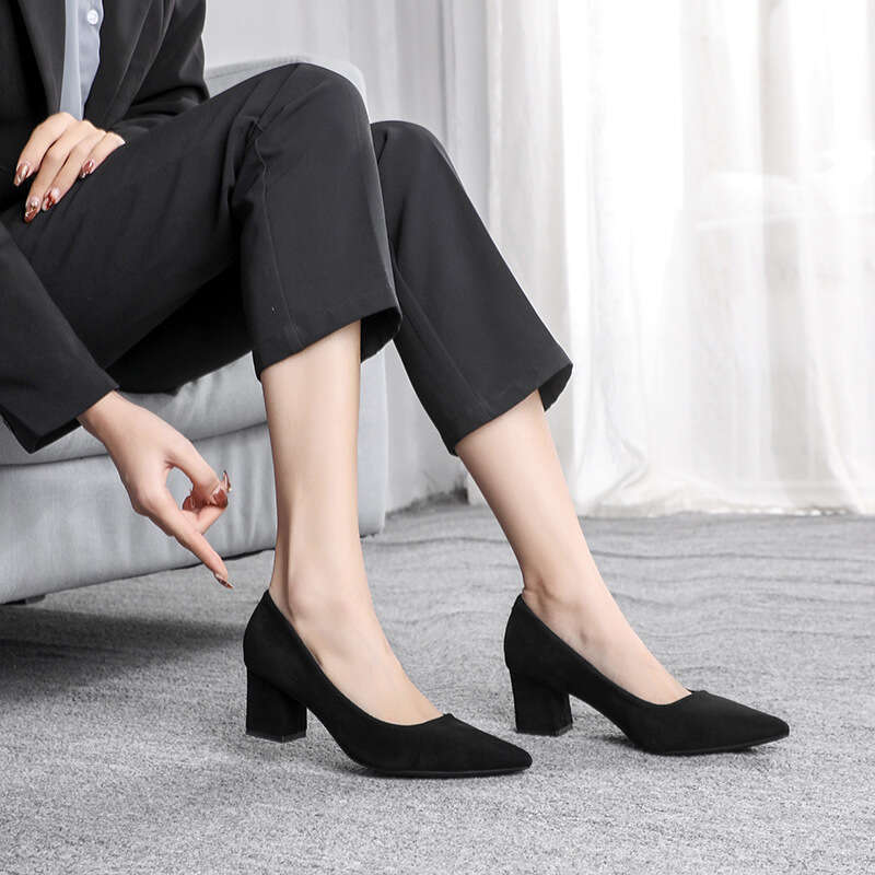 High Heel Civil Servant Interview Black High Female Pointy Long Standing Work Occupation Thick Heel Suede Etiquette Shoes
