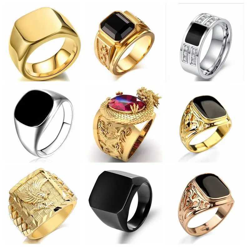Signet Square Finger Rings For Men Punk Style Collection Gold Color Width Biker Ring Party Wedding Jewelry X2502201