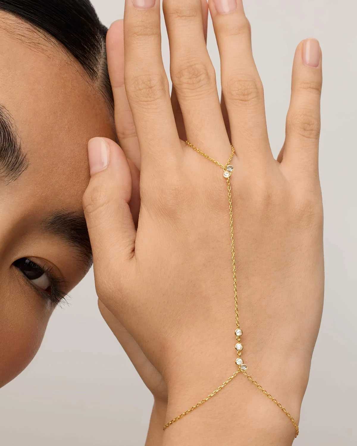 14K Yellow Gold Plated Stainl Steel Hand Chains Bracelet for Women Dainty Cubic Zirconia Bracelet and Ring Chain Bo JewelryXJ250219