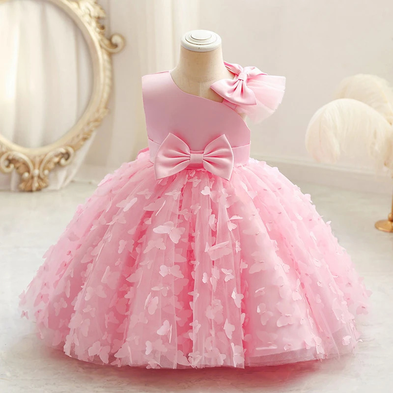 Bow Baby Girls White Baptism Dress Butterfly Tulle Infant 1st Birthday Wedding Gown Flower Princess Party Dresses 250117