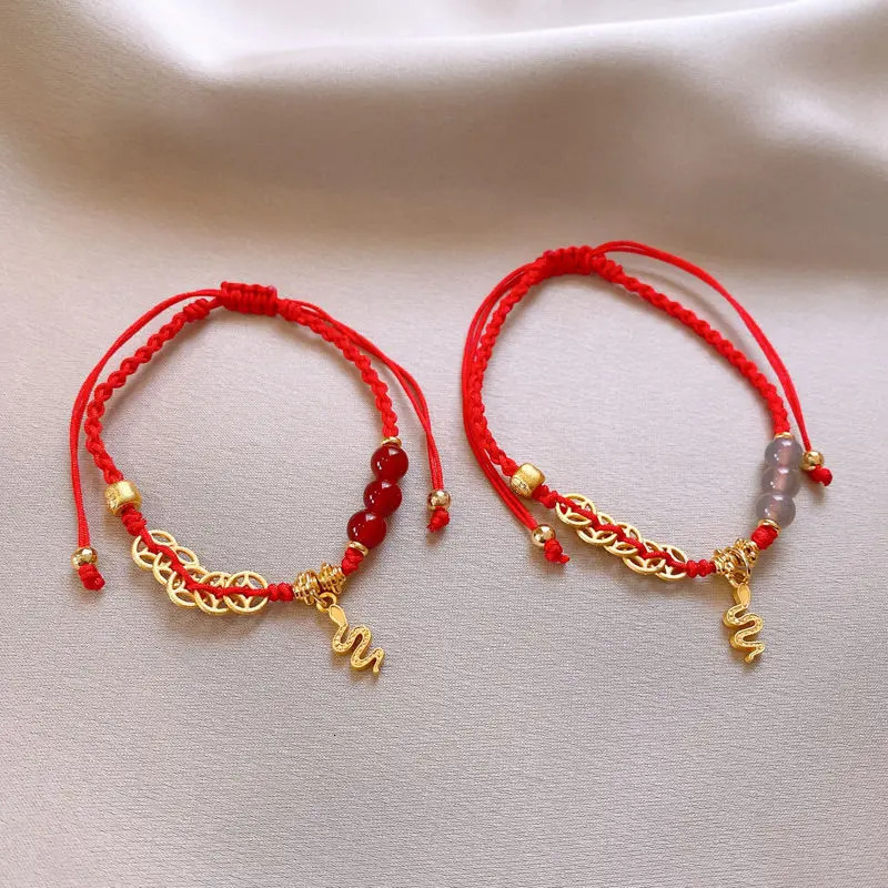 Year of The Snake Zodiac Benmingnian Red Rope Bracelets Womens Golden Copper Money Gold Ingot Red Woven Hand Rope Gifts 250220