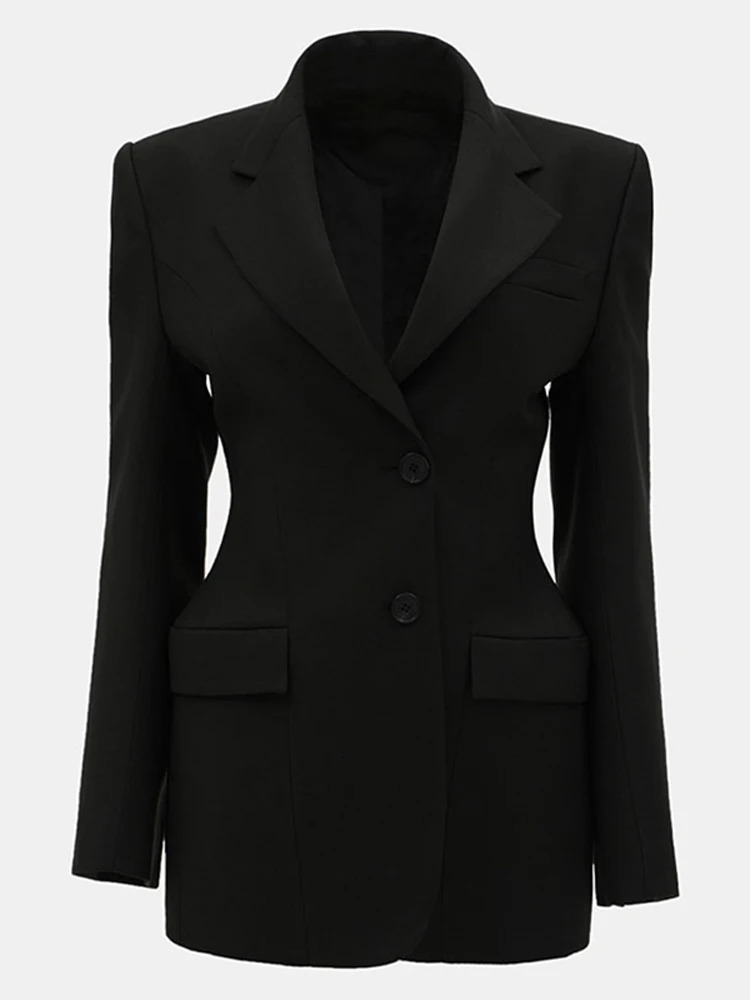 Elegant Solid Slim Blazer Jacket Women Long Sleeve Lapel Shoulder Pads Single Breasted Coat Spring Lady Office Outwear 250219