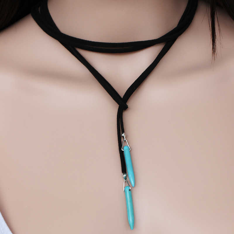 Pendant Necklaces Bohemian style long Korean velvet bandage necklace natural turquoise pendant long sweater chain necklace H25219