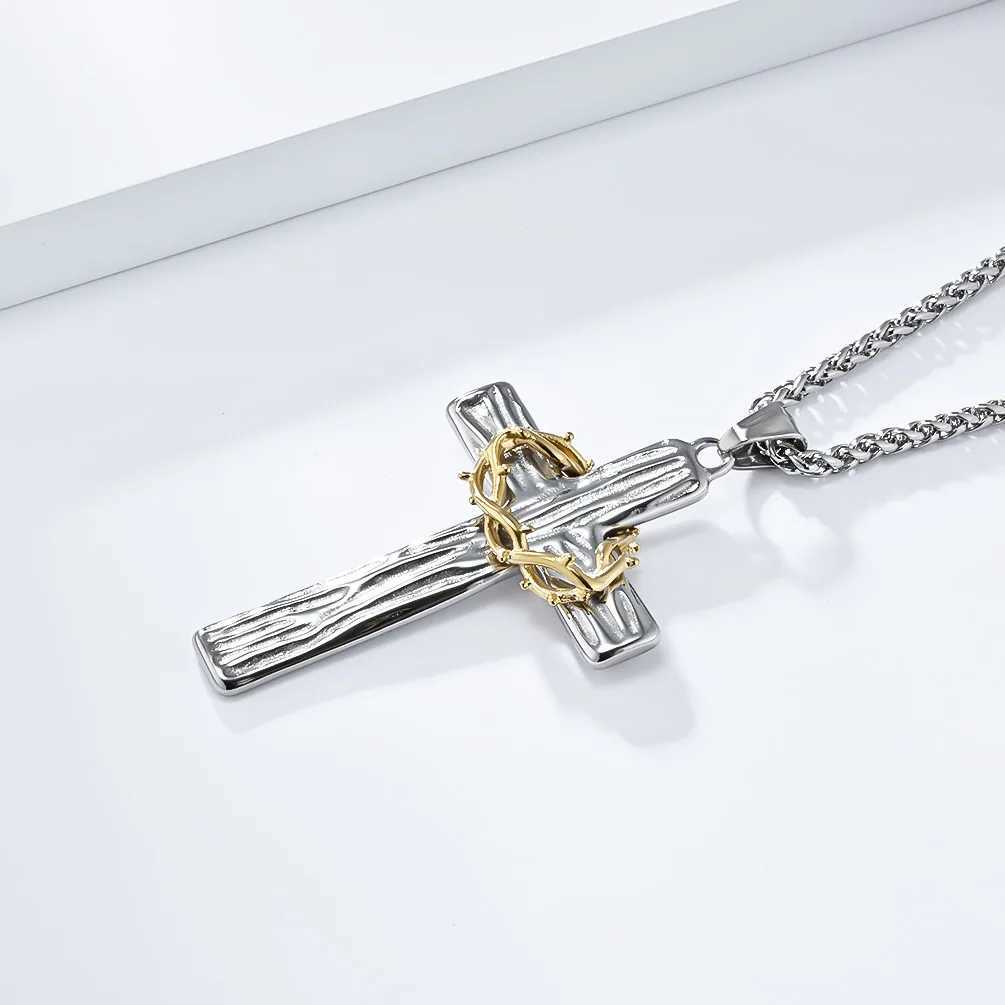 Men Jesus Christ Cross Necklace Stainl Steel Pendant Chain Crown of ThornsXJ250219