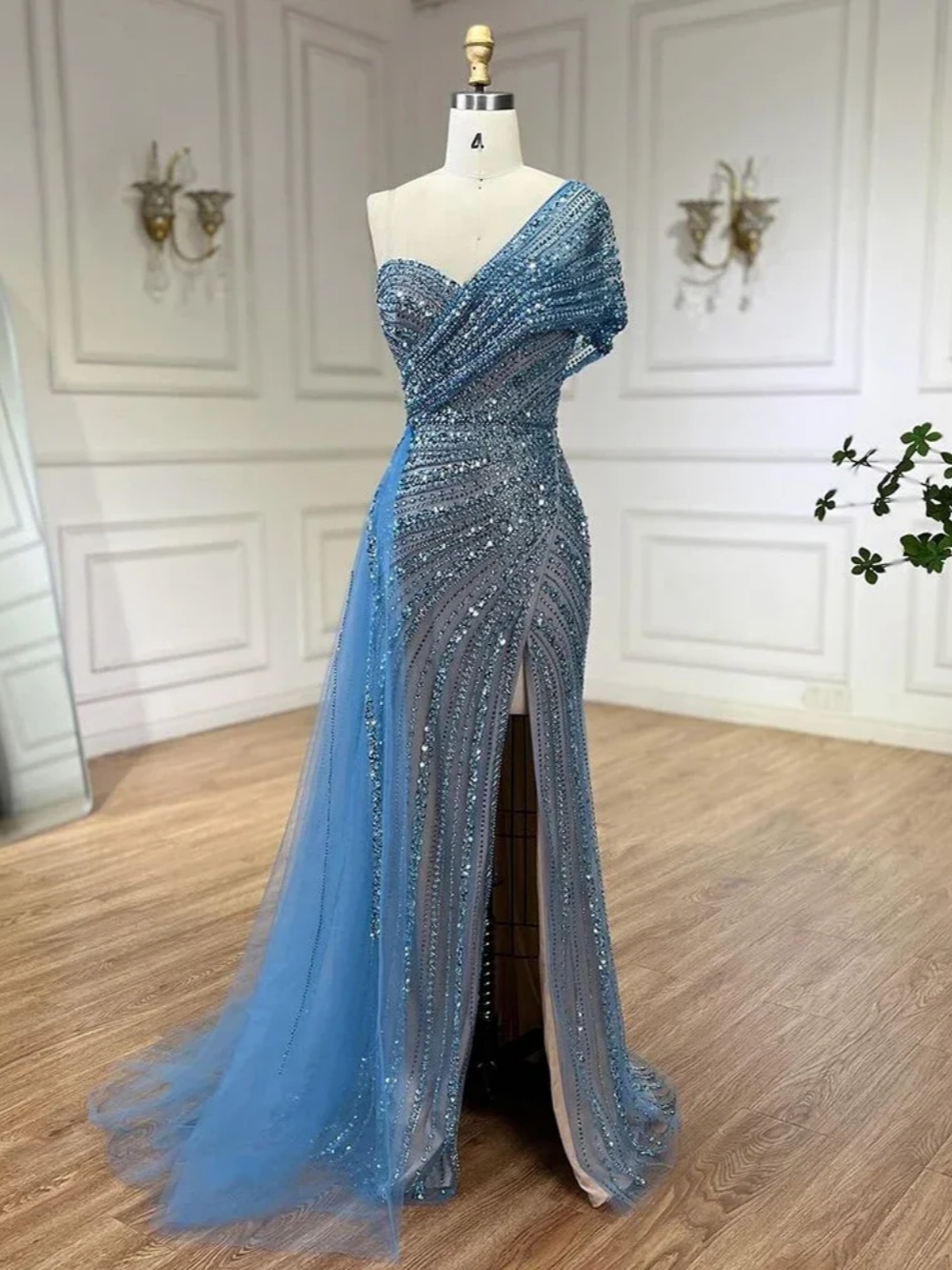 Glittery A Line Evening Dress Beaded Crystal Sequins One Shoulder Prom Gowns High Split Sweep Train Party Dresses Customized